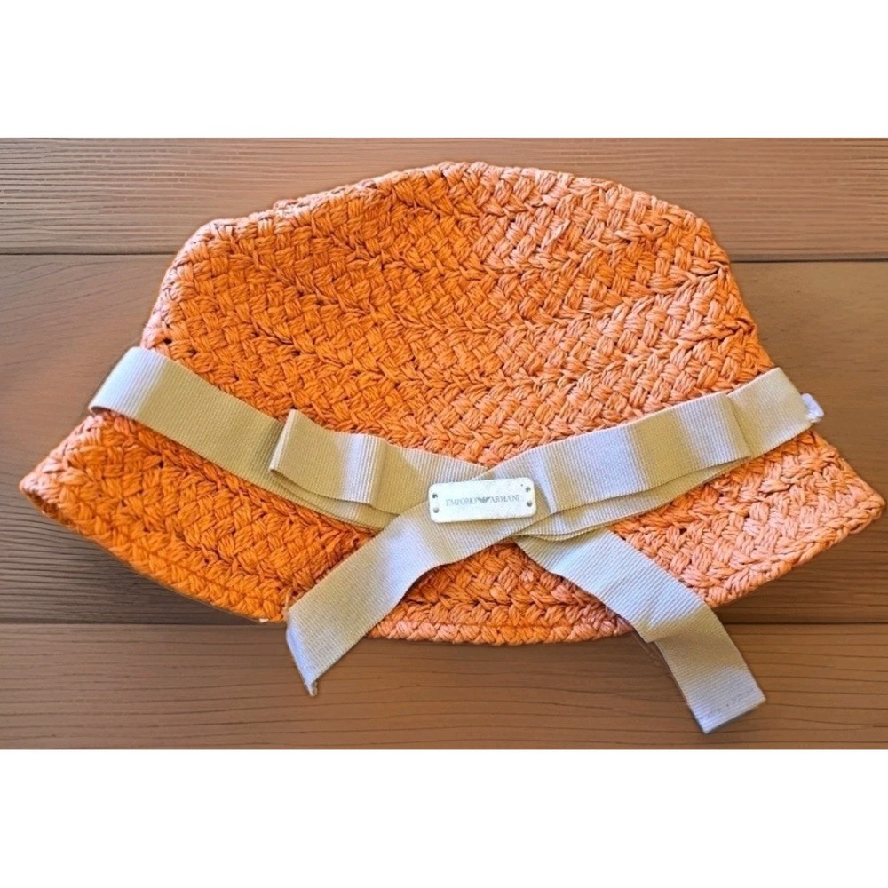 Emporio Armani Women's Orange Paper Bucket Hat Beige Bow Logo Size 57